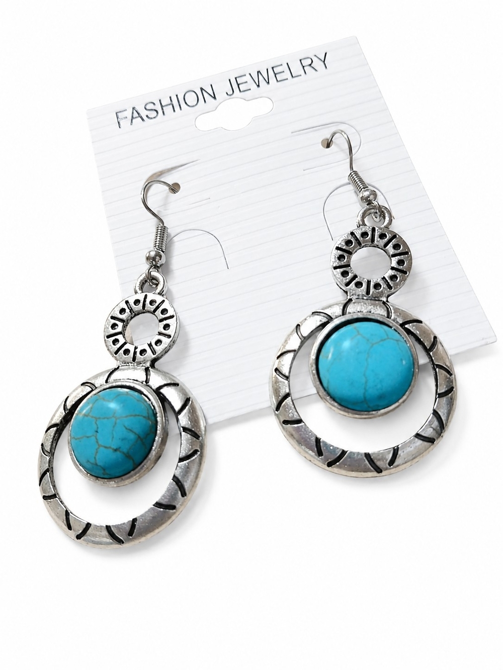 Fashion Jewelry Silver-Tone Turquoise Circle Drop Earrings
